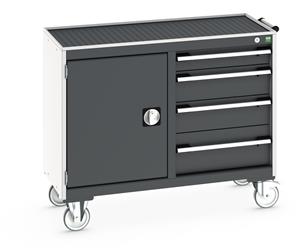 Bott Cubio Mobile Cabinet / Maintenance Trolley measuring 1050mm wide x 525mm deep x 885mm high. Storage comprises of 1 x Cupboard (525mm wide x 600mm high) and 4 x 525mm wide Drawers (1 x 100mm, 2 x 150mm & 1 x 200mm high).... Bott MobileIndustrial Tool Storage Trolleys 1050mm x 525mm